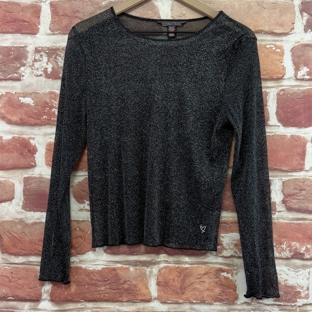 Victorias Secret Top Women's XS/S Black Silver Metallic Sheer Casual Party
